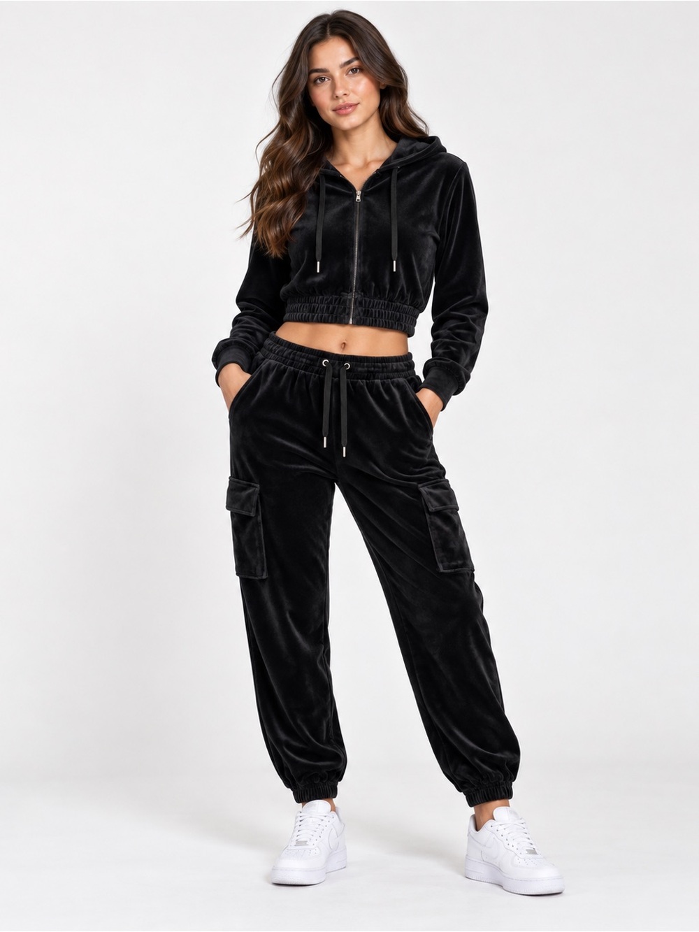 Cropped Black Velvet Hoodie & Cargo Joggers Set - Women's